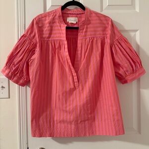 Anthropologie Coral Pink Striped Puff Sleeve Blouse